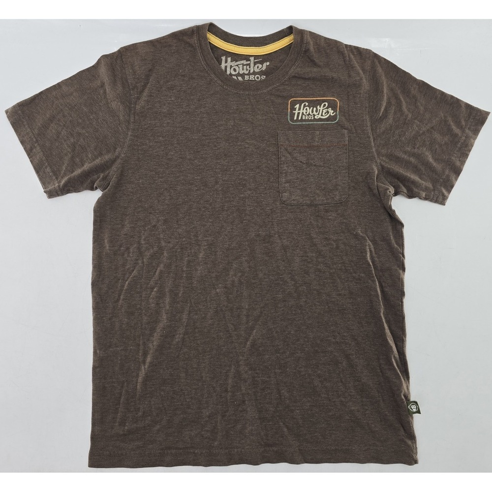 Howler Bros Logo Men's T-Shirt Pocket Crew Neck Short Sleeve, Casual Brown SMALL